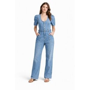 JESSICA SIMPSON Denim Jumpsuit Sz XS Blue Puff Short Sleeve Belted Tapered EUC!